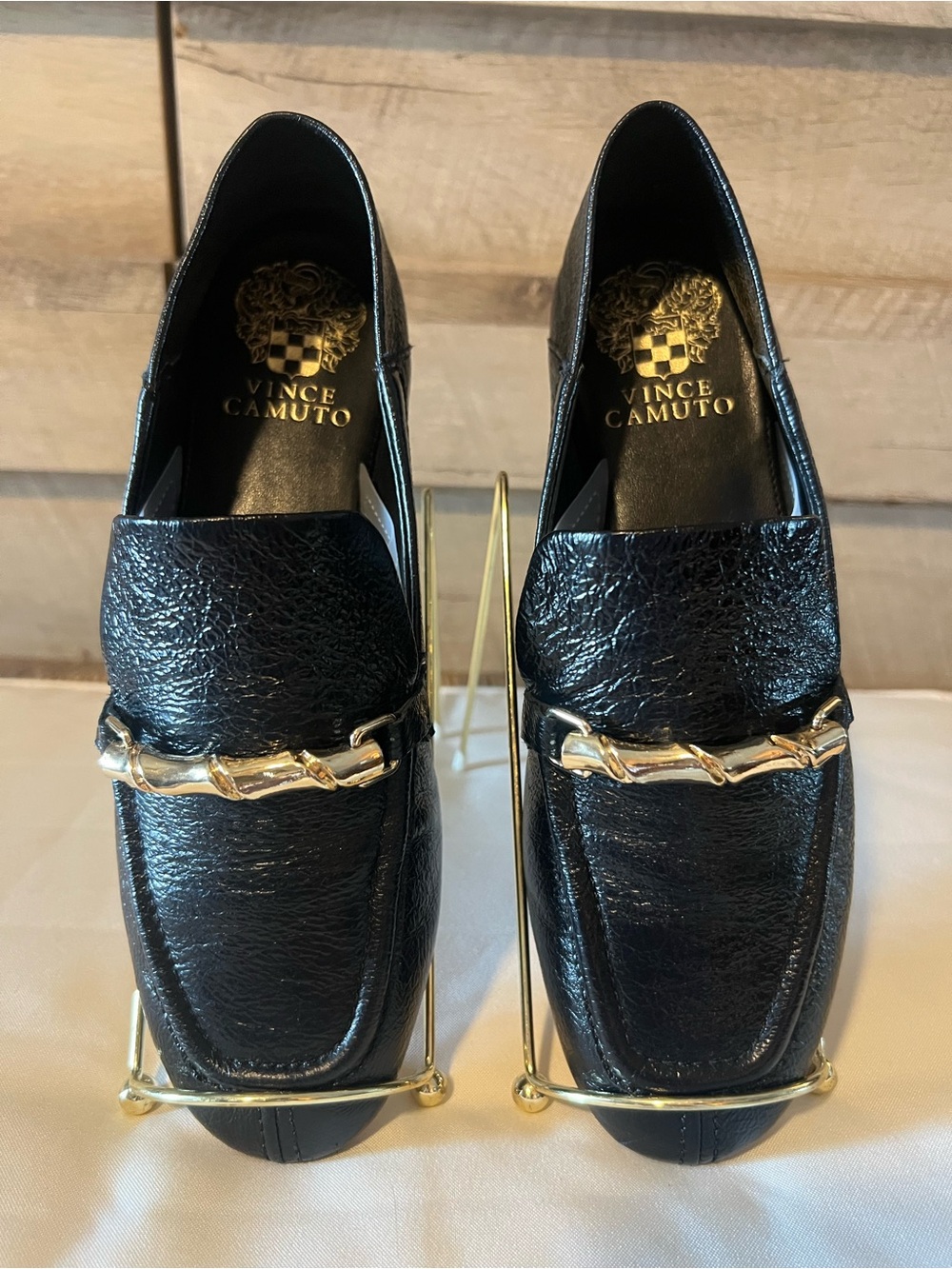 Vince Camuto Black Leather Loafers with Gold Chain Accent 6.5